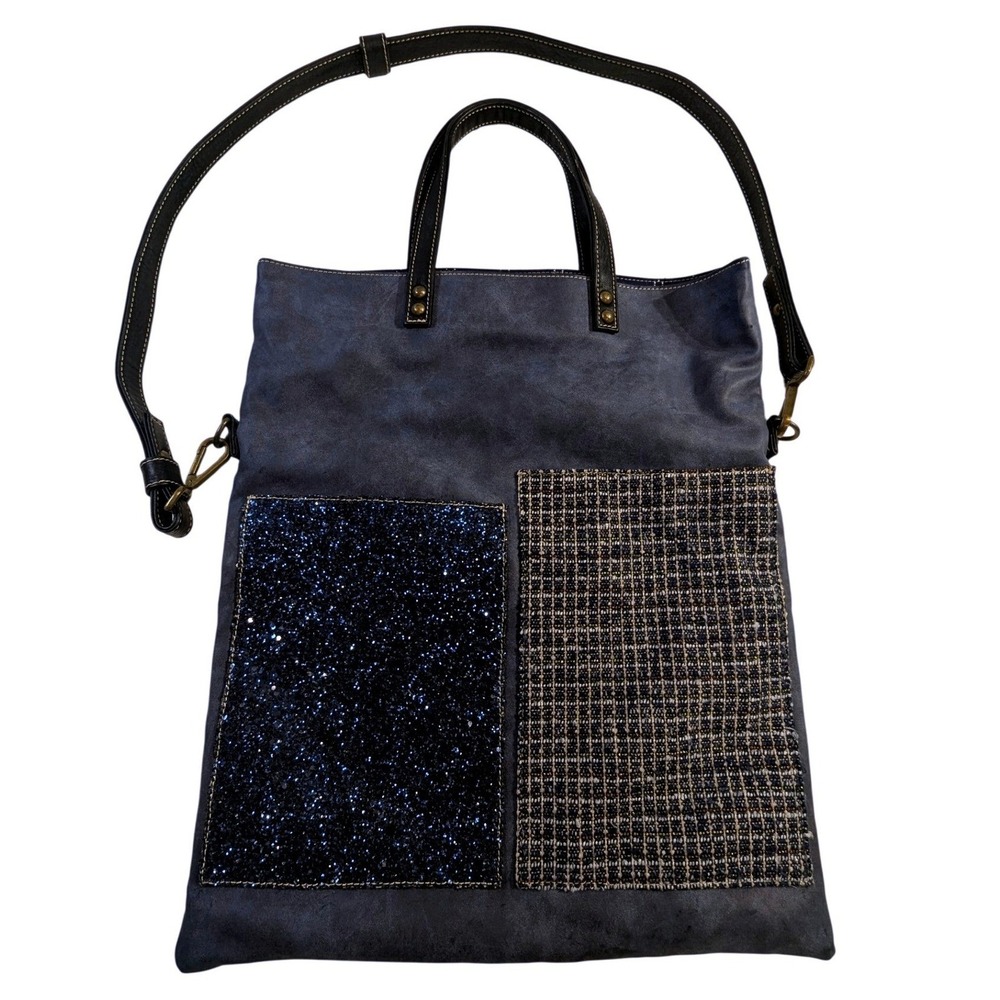 Artisan Patchwork Tote Bag Navy Suede & Tweed Panel Crossbody Handle Bag